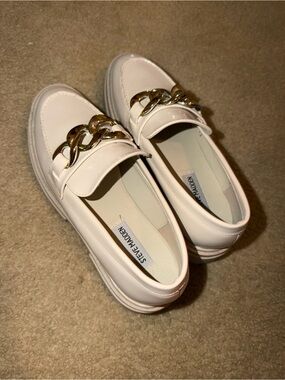 Steve Madden White Loafers with Gold Chain Accent